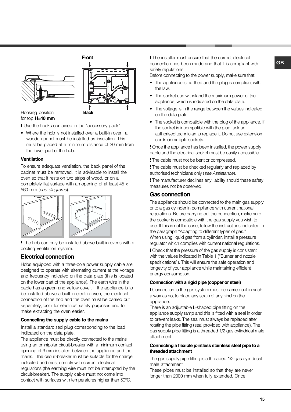 Electrical connection, Gas connection | Hotpoint Ariston PH 750 T (AN) R-HA User Manual | Page 15 / 52