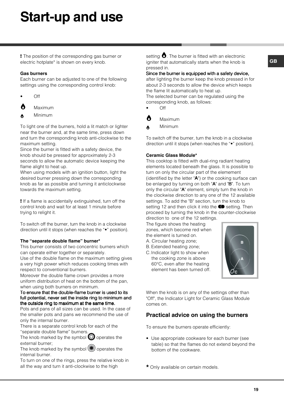 Start-up and use, Practical advice on using the burners | Hotpoint Ariston PH 750 T (AN) R-HA User Manual | Page 19 / 52