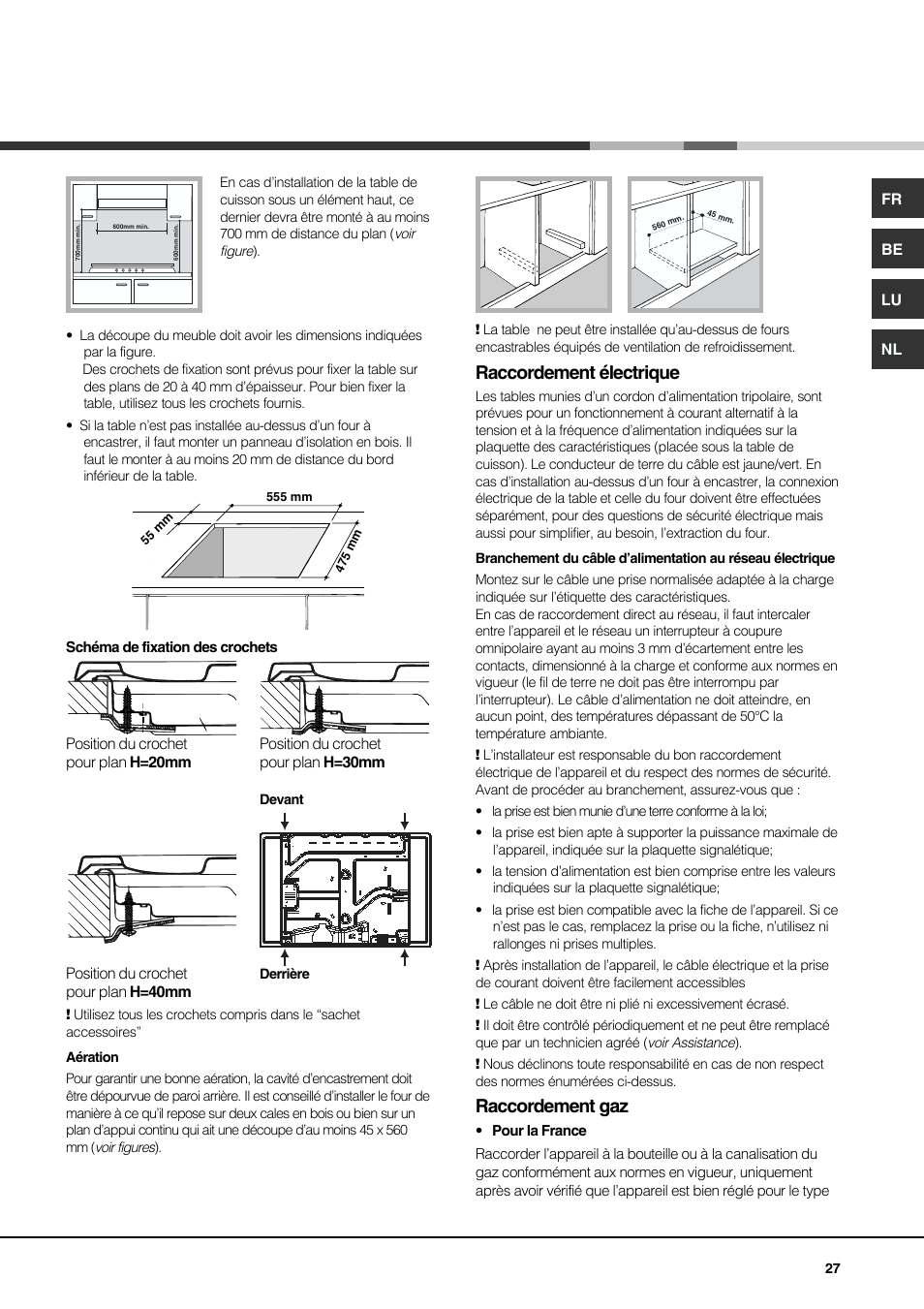 Raccordement électrique, Raccordement gaz | Hotpoint Ariston PH 750 T (AN) R-HA User Manual | Page 27 / 52