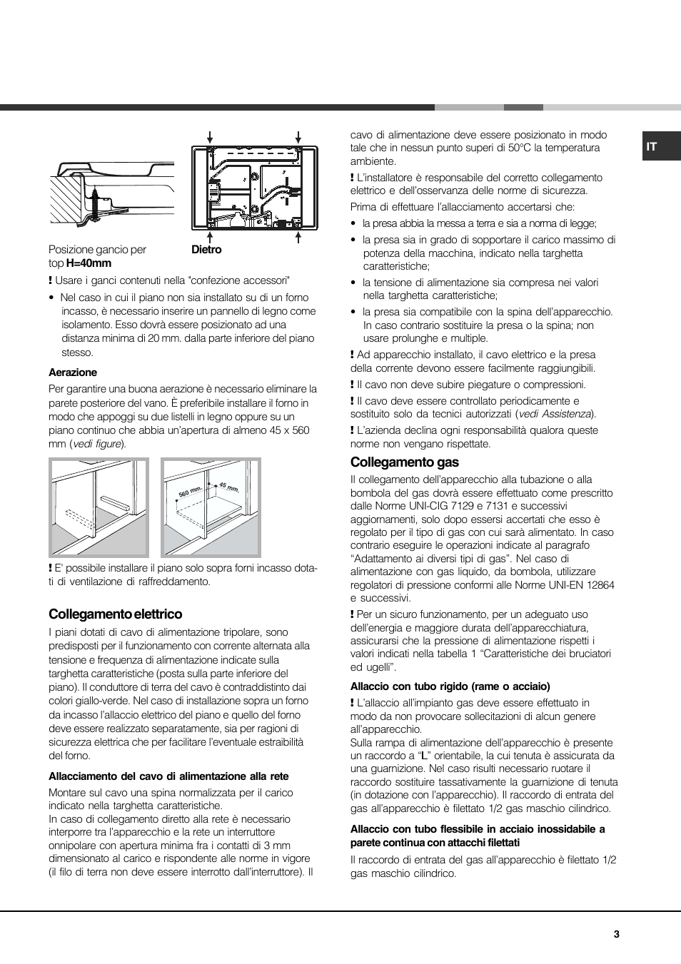 Collegamento elettrico, Collegamento gas | Hotpoint Ariston PH 750 T (AN) R-HA User Manual | Page 3 / 52