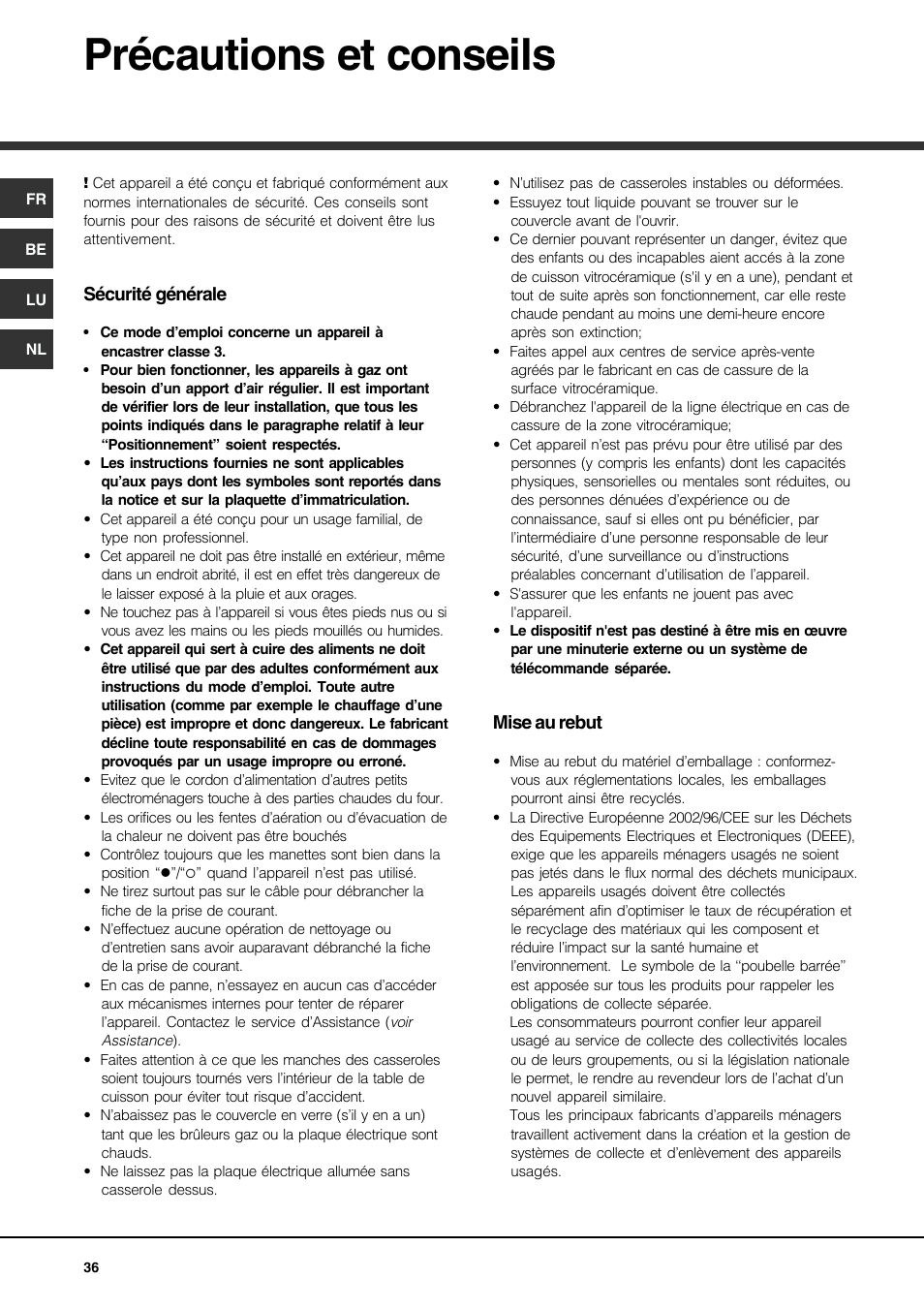 Précautions et conseils | Hotpoint Ariston PH 750 T (AN) R-HA User Manual | Page 36 / 52