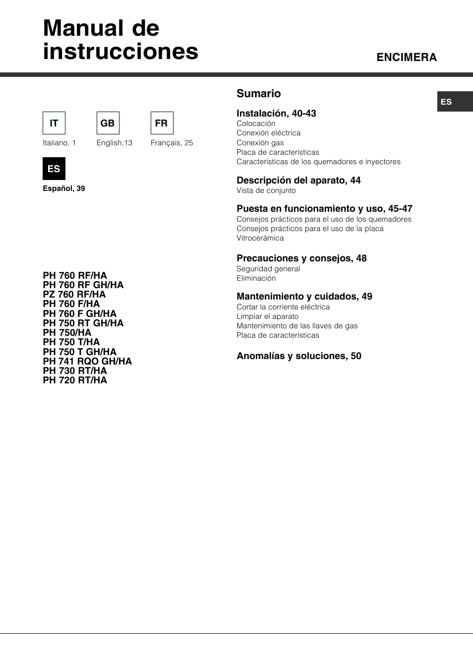 Manual de instrucciones | Hotpoint Ariston PH 750 T (AN) R-HA User Manual | Page 39 / 52