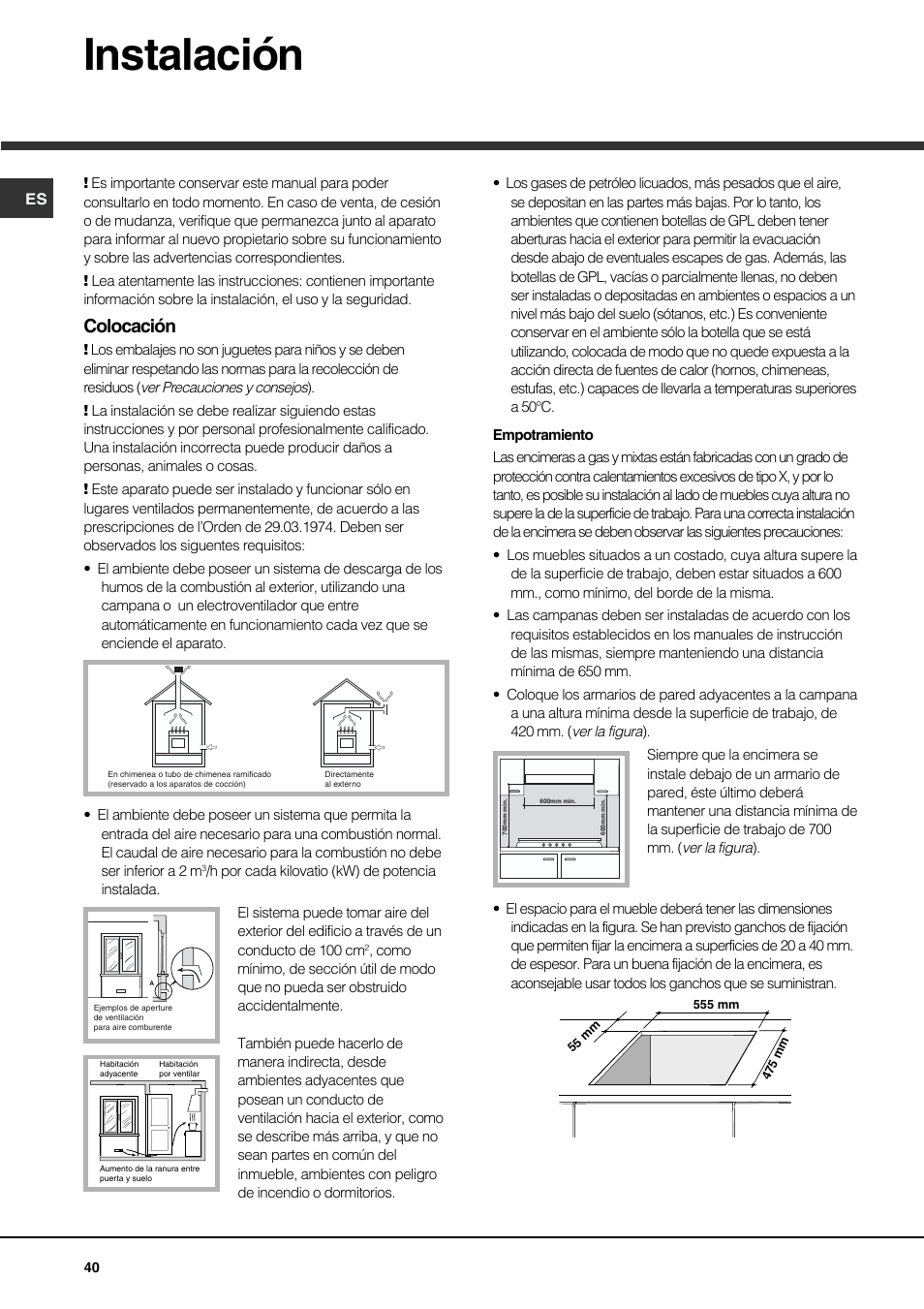 Instalación, Colocación | Hotpoint Ariston PH 750 T (AN) R-HA User Manual | Page 40 / 52