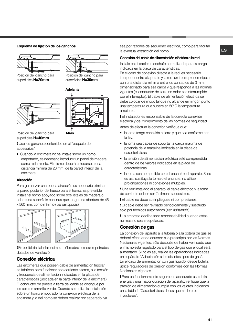 Conexión eléctrica, Conexión de gas | Hotpoint Ariston PH 750 T (AN) R-HA User Manual | Page 41 / 52