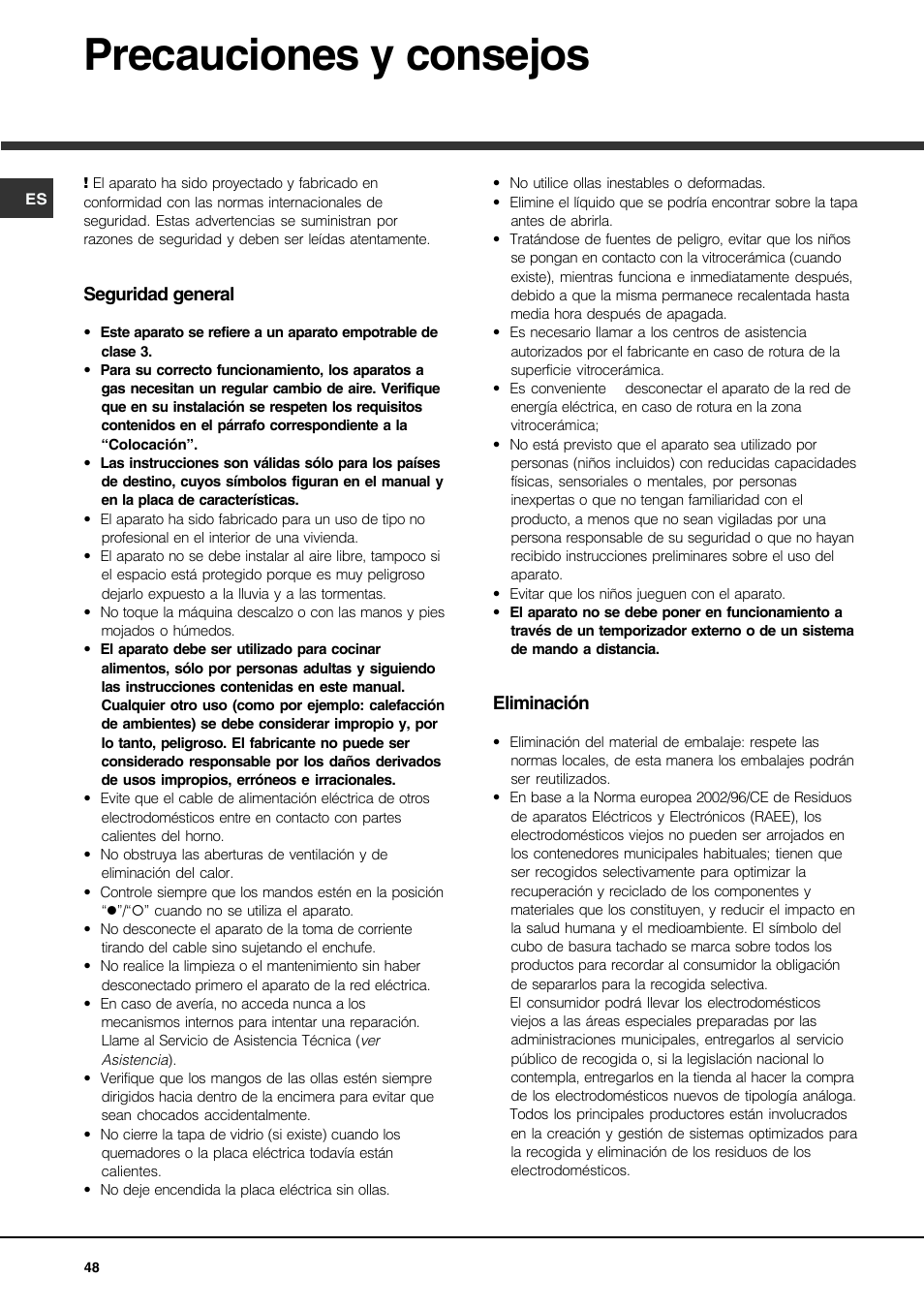Precauciones y consejos | Hotpoint Ariston PH 750 T (AN) R-HA User Manual | Page 48 / 52