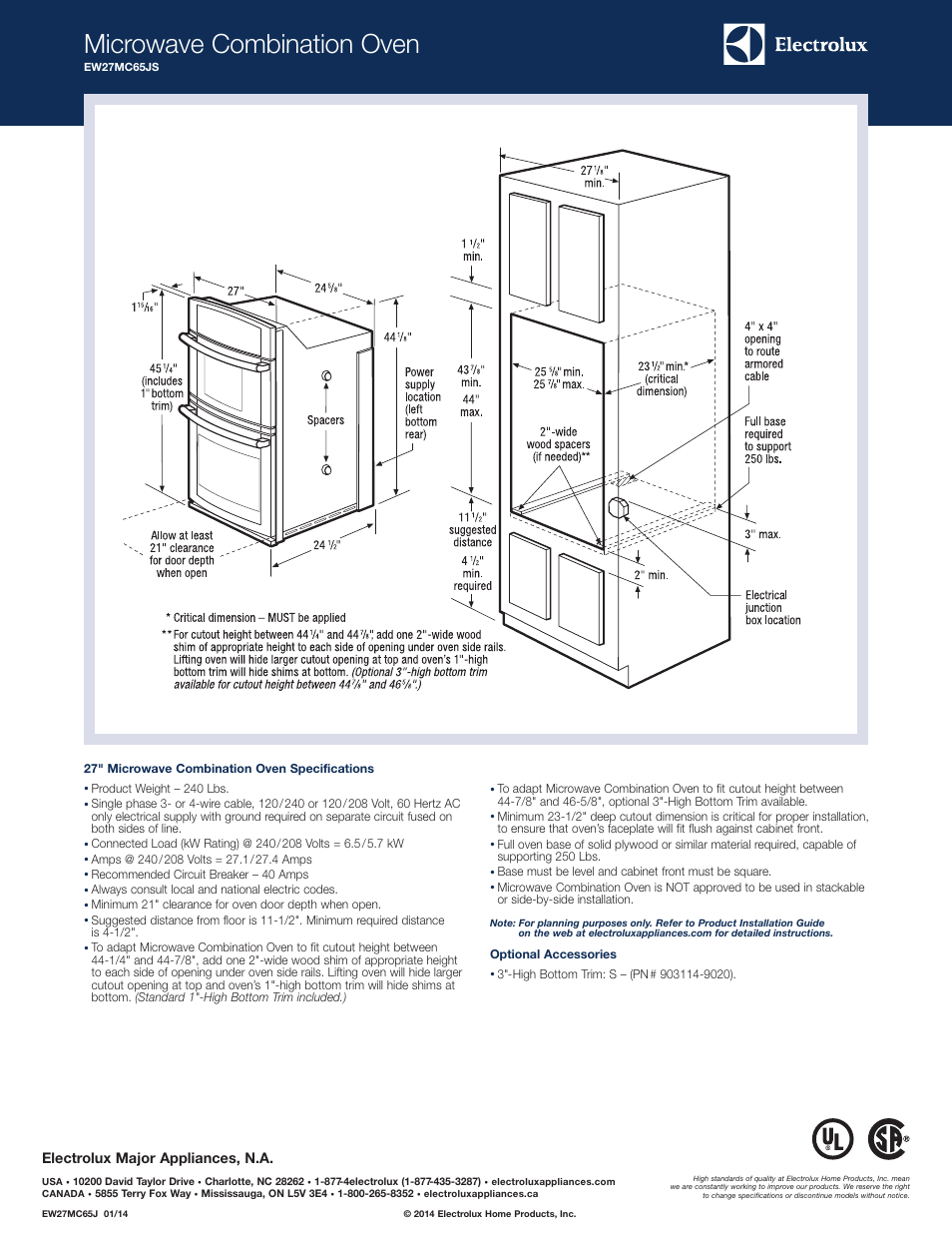 Microwave combination oven, Electrolux major appliances, n.a | Electrolux EW27MC65JS User Manual | Page 2 / 2