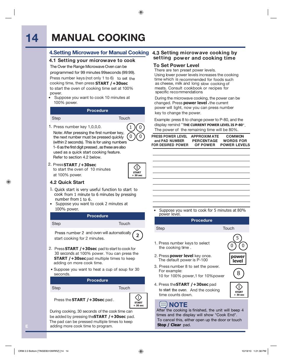 Manual cooking, Setting microwave for manual cooking | Electrolux EI30BM60MS User Manual | Page 14 / 28