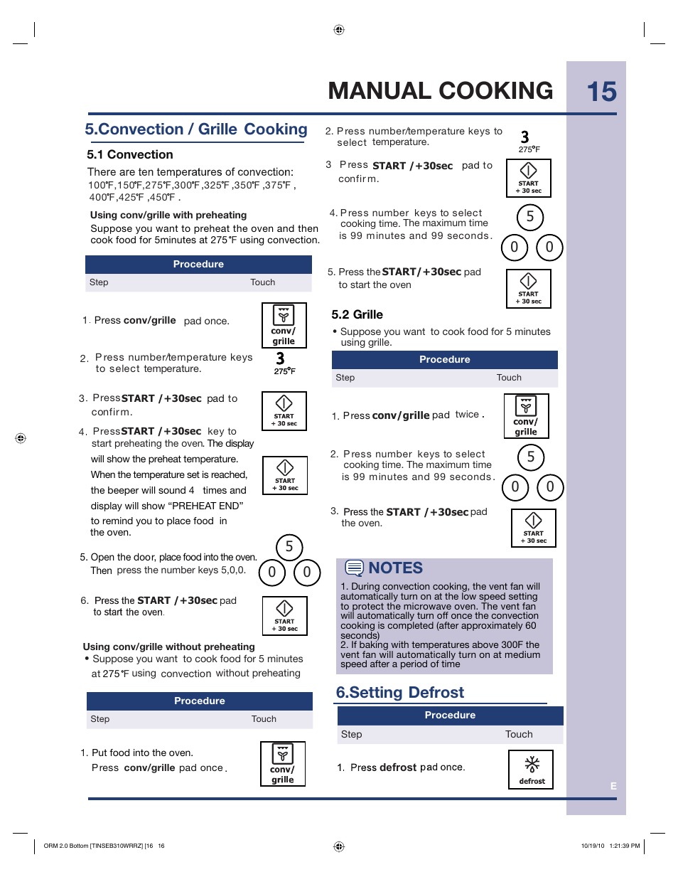 Manual cooking, Cooking, Convection / grille | Setting defrost | Electrolux EI30BM60MS User Manual | Page 15 / 28