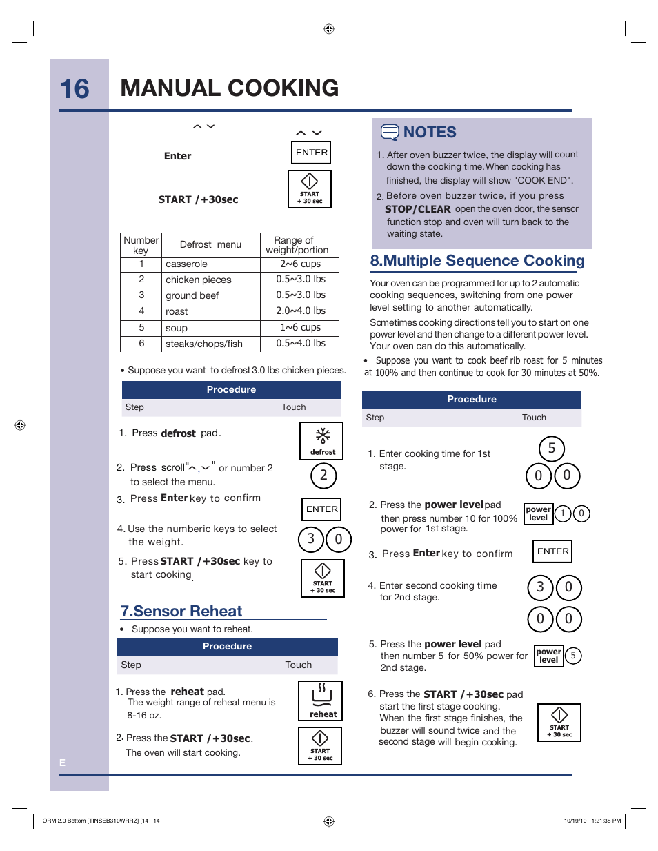 Manual cooking, Ltiple sequence cooking, Sensor reheat 8.mu | Electrolux EI30BM60MS User Manual | Page 16 / 28