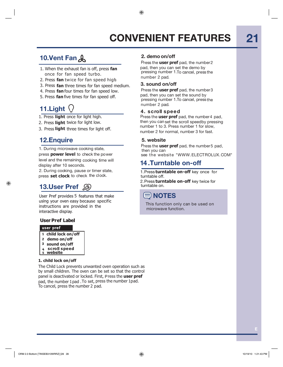 Convenient features, 1 .turntable on-off 4, Vent fan 12.enquire | Electrolux EI30BM60MS User Manual | Page 21 / 28