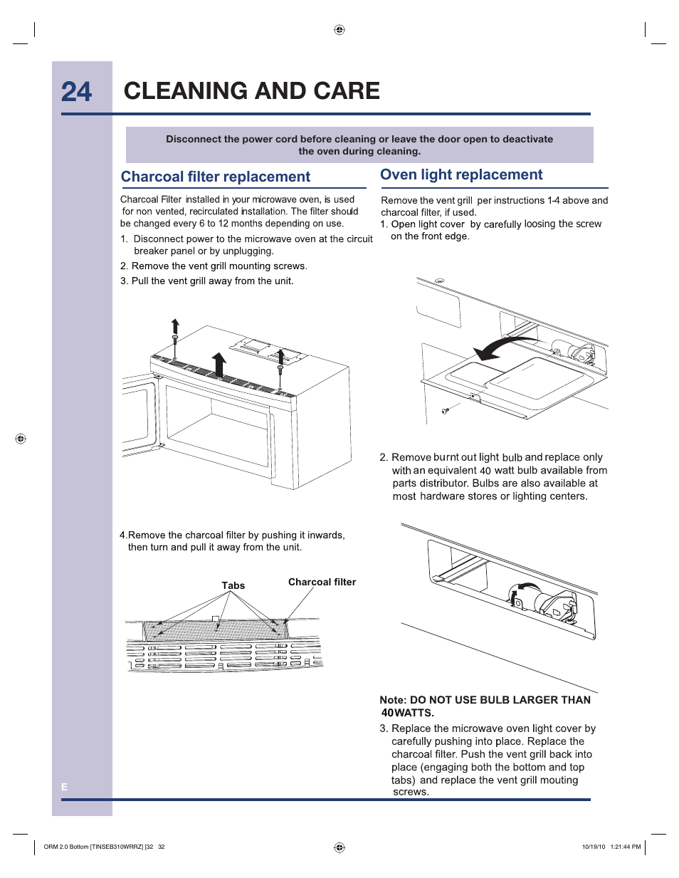 Cleaning and care, Charcoal filter replacement oven light replacement | Electrolux EI30BM60MS User Manual | Page 24 / 28