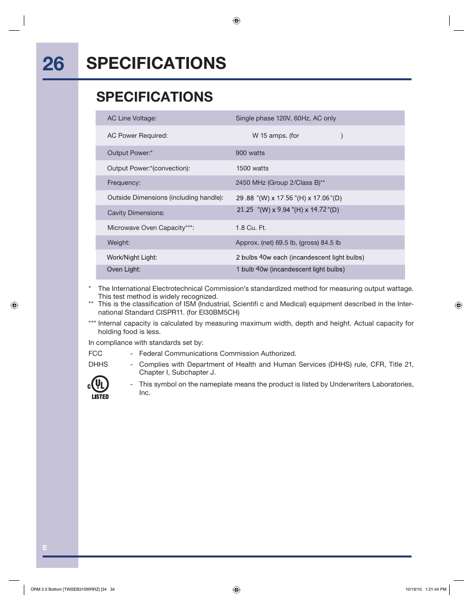 Specifications | Electrolux EI30BM60MS User Manual | Page 26 / 28