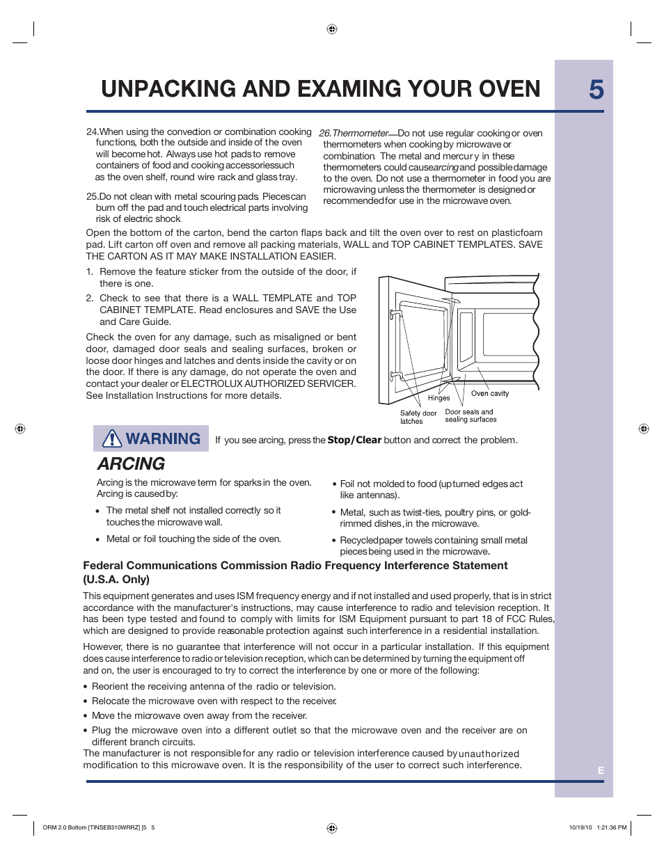 Unpacking and examing your oven, Arcing | Electrolux EI30BM60MS User Manual | Page 5 / 28