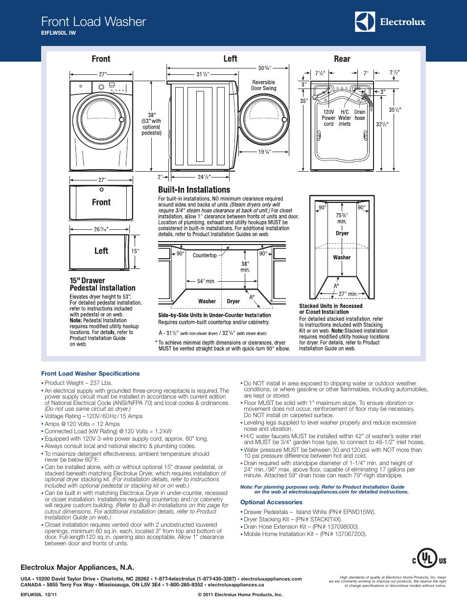 Front load washer, Electrolux major appliances, n.a | Electrolux EIFLW50LIW User Manual | Page 2 / 2