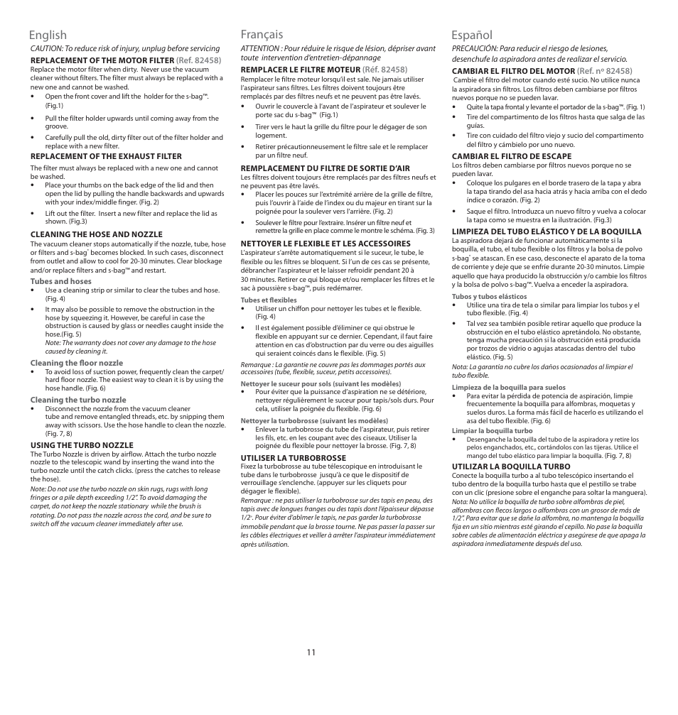 English, Français, Español | Electrolux EL4200A User Manual | Page 11 / 14