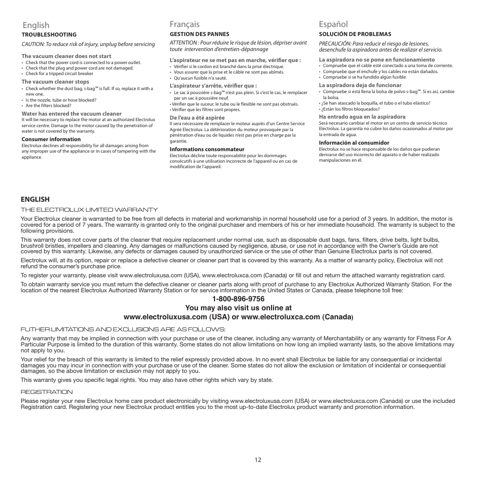 English, Français, Español | Electrolux EL4200A User Manual | Page 12 / 14