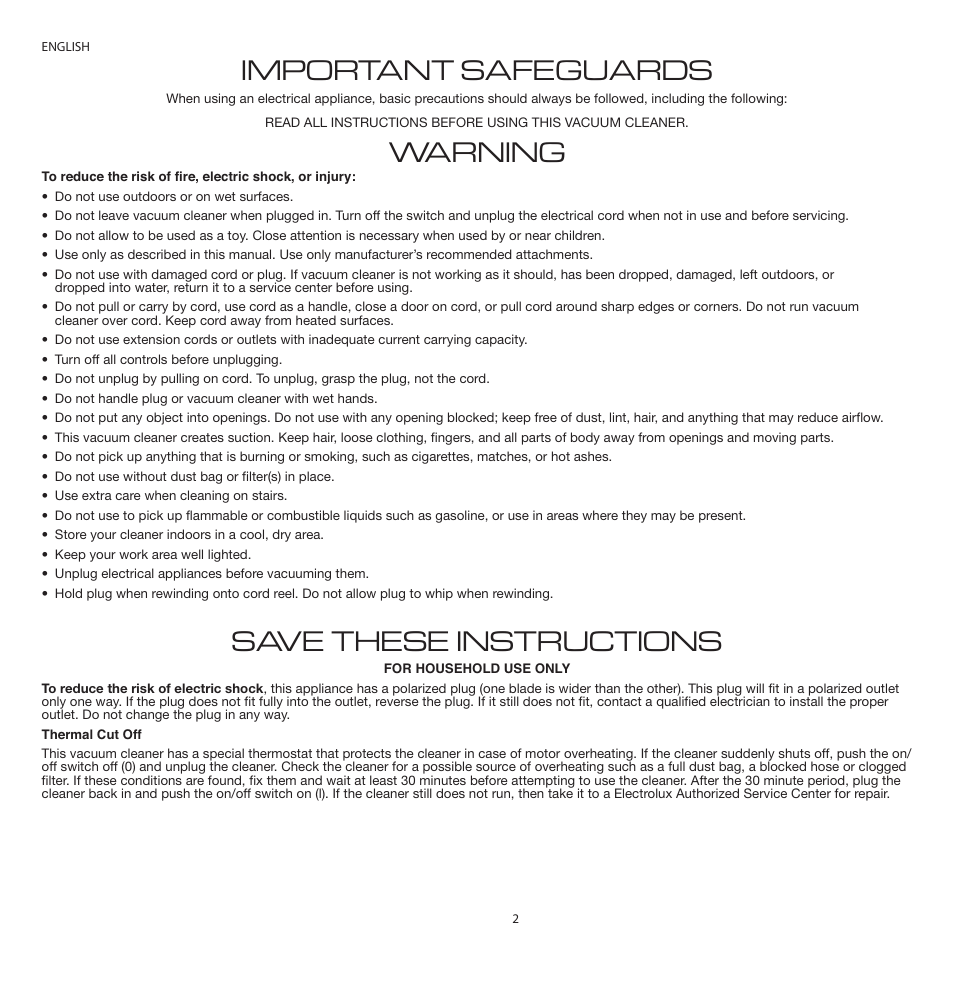 Important safeguards, Warning, Save these instructions | Electrolux EL4200A User Manual | Page 2 / 14