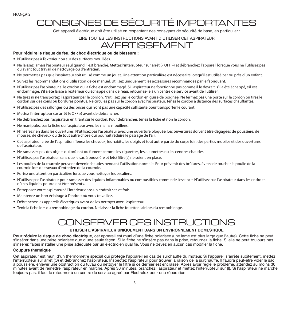 Consignes de sécurité importantes, Avertissement, Conserver ces instructions | Electrolux EL4200A User Manual | Page 3 / 14