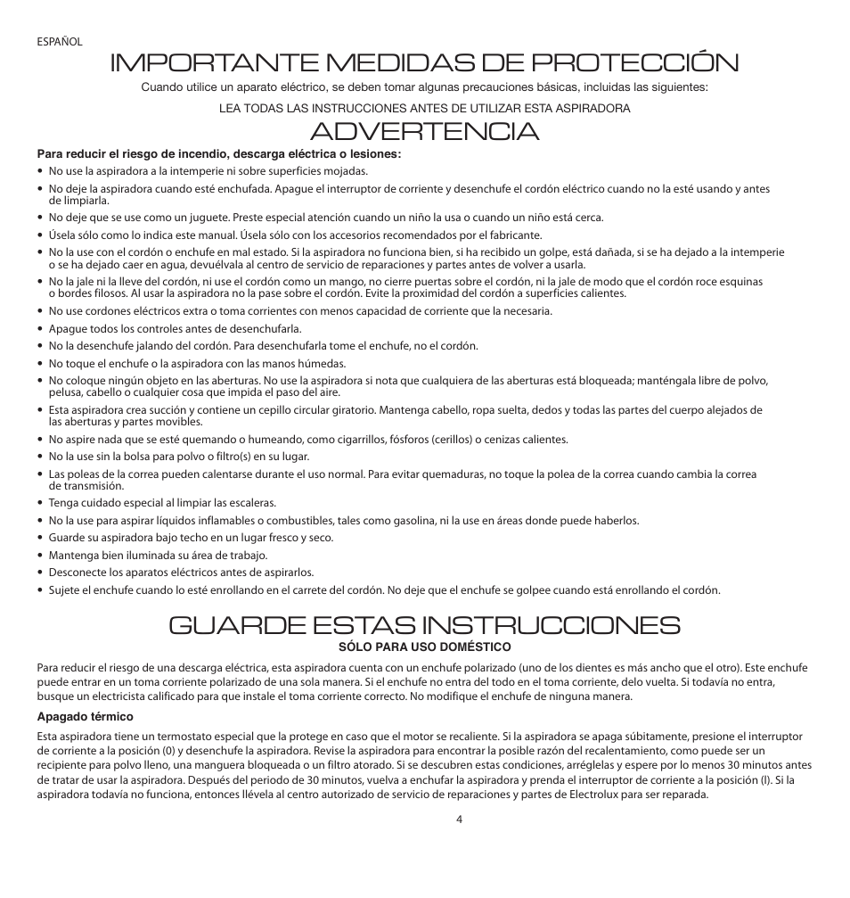 Importante medidas de protección, Advertencia, Guarde estas instrucciones | Electrolux EL4200A User Manual | Page 4 / 14