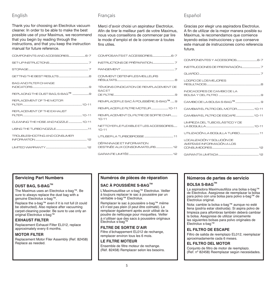 English, Français, Español | Servicing part numbers, Numéros de pièces de réparation, Números de partes de servicio | Electrolux EL4200A User Manual | Page 5 / 14