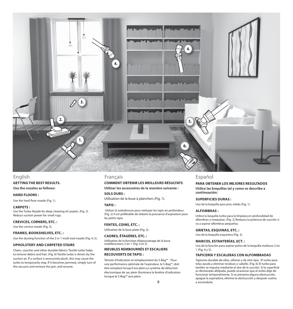 English, Français, Español | Electrolux EL4200A User Manual | Page 8 / 14