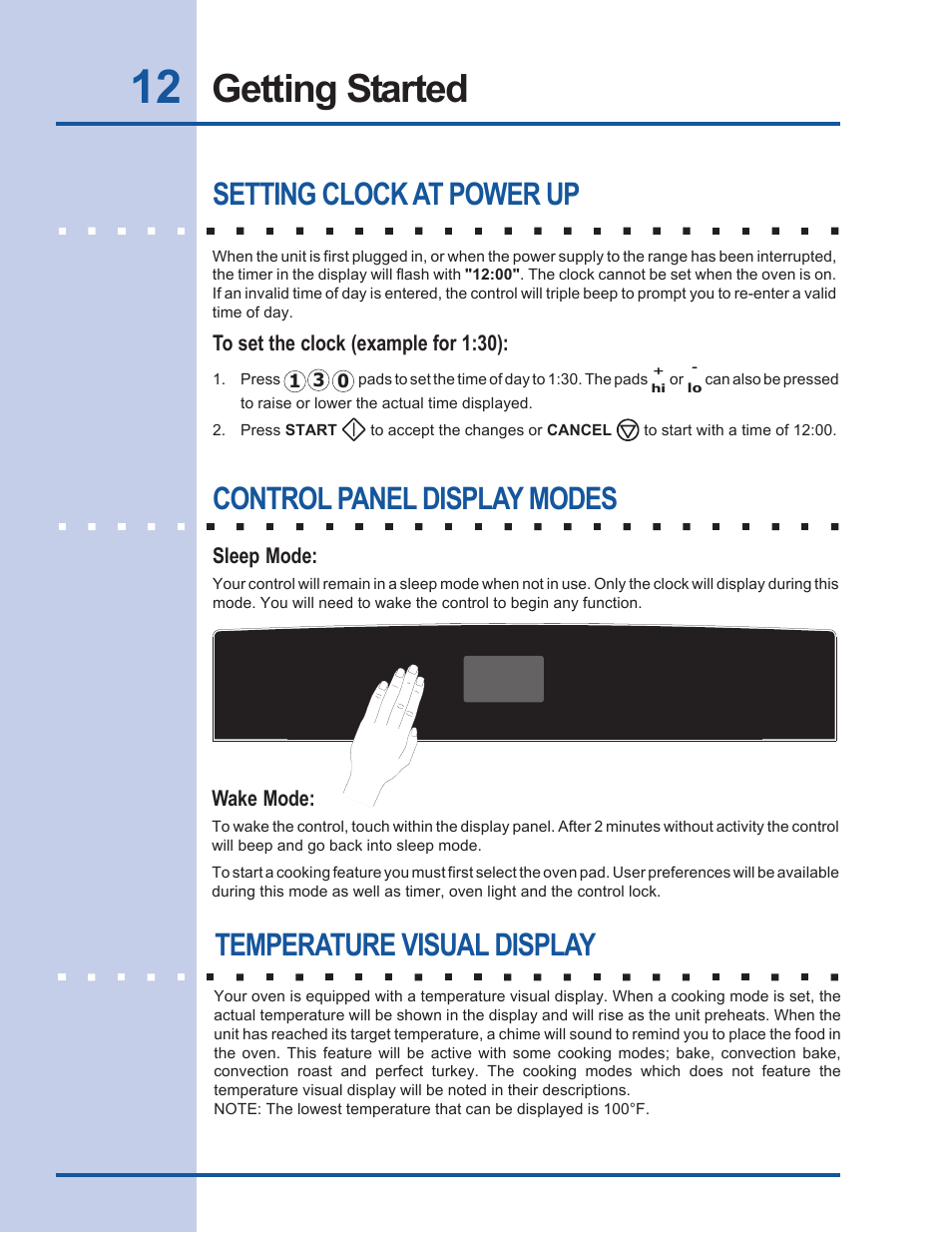 Getting started, Temperature visual display | Electrolux EW30EW55GS User Manual | Page 12 / 44