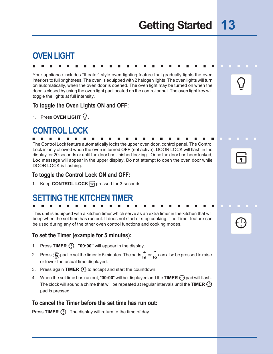 Getting started, Oven light, Control lock | Setting the kitchen timer | Electrolux EW30EW55GS User Manual | Page 13 / 44