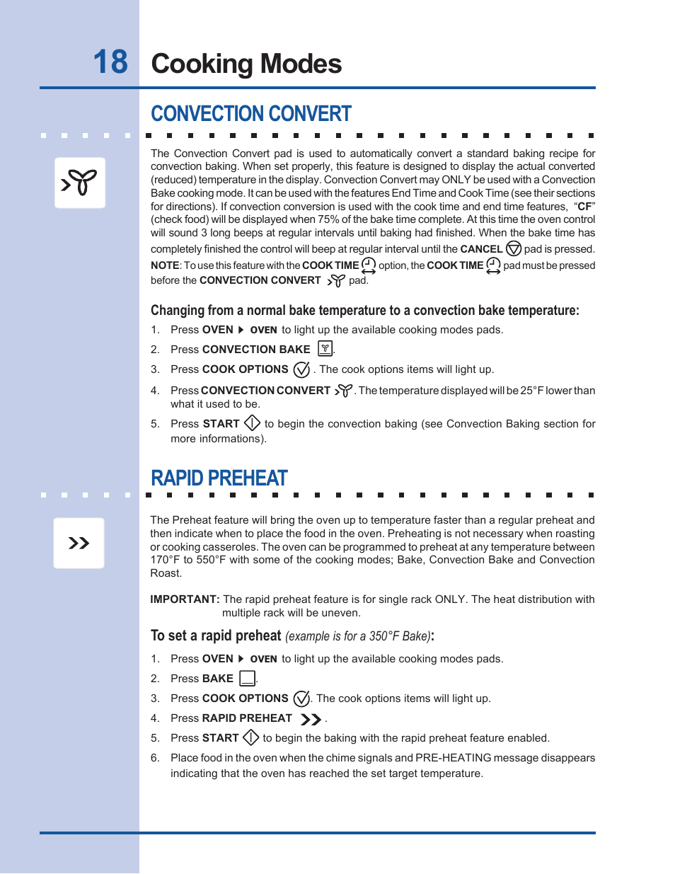 Cooking modes, Convection convert, Rapid preheat | Electrolux EW30EW55GS User Manual | Page 18 / 44