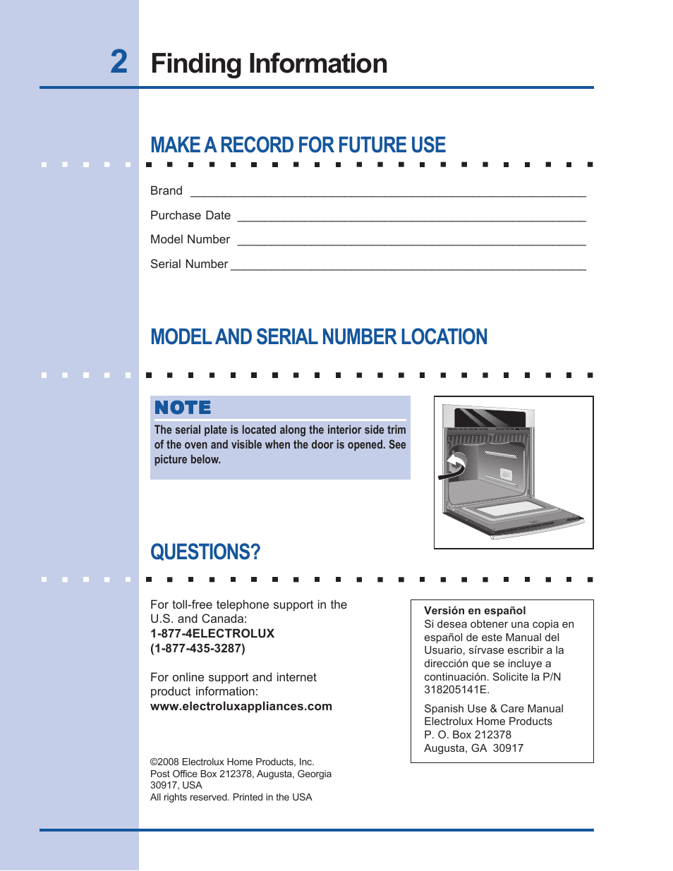 Finding information, Make a record for future use, Model and serial number location questions | Electrolux EW30EW55GS User Manual | Page 2 / 44