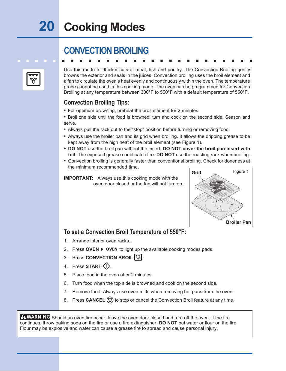 Cooking modes, Convection broiling, Convection broiling tips | Electrolux EW30EW55GS User Manual | Page 20 / 44