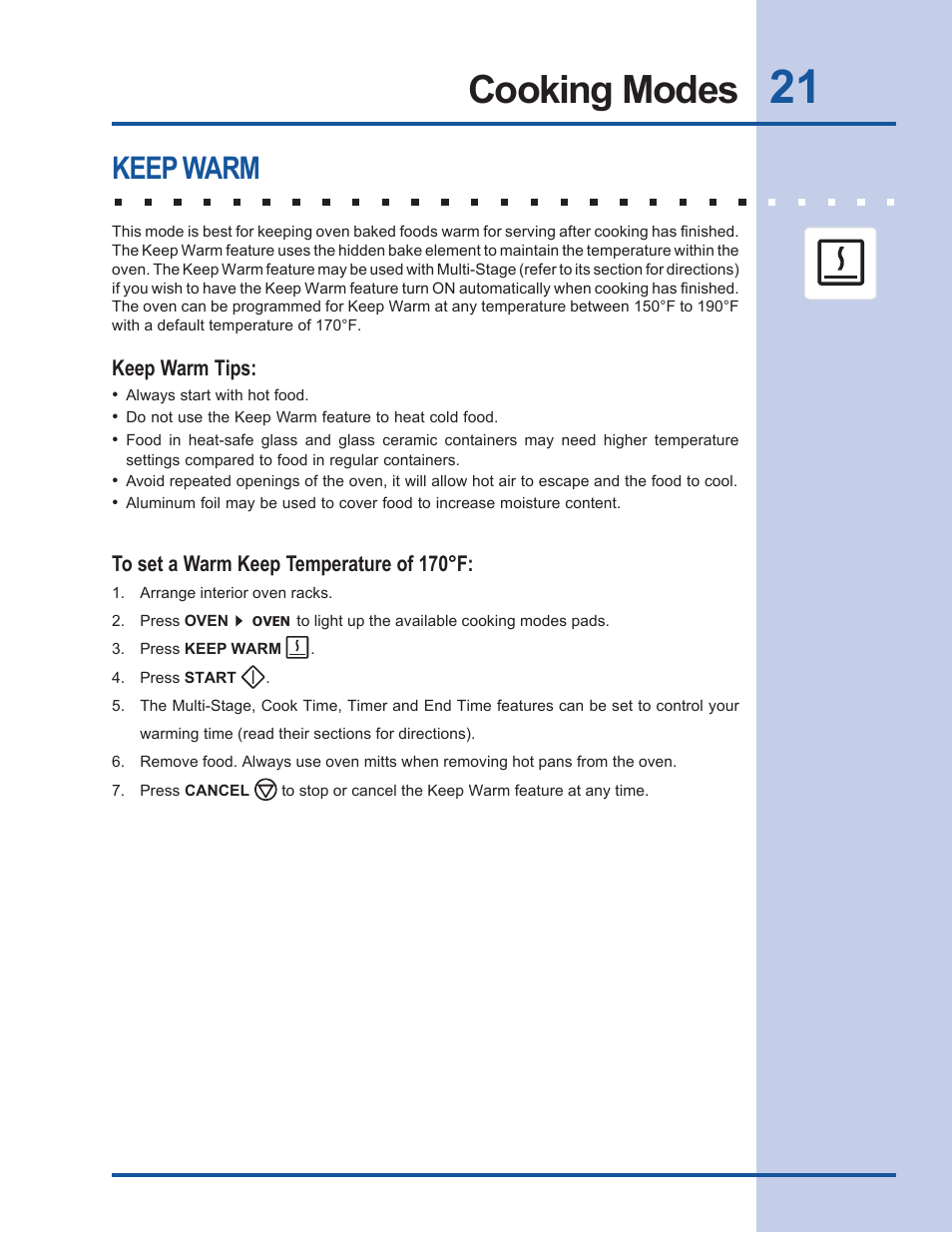 Cooking modes, Keep warm | Electrolux EW30EW55GS User Manual | Page 21 / 44