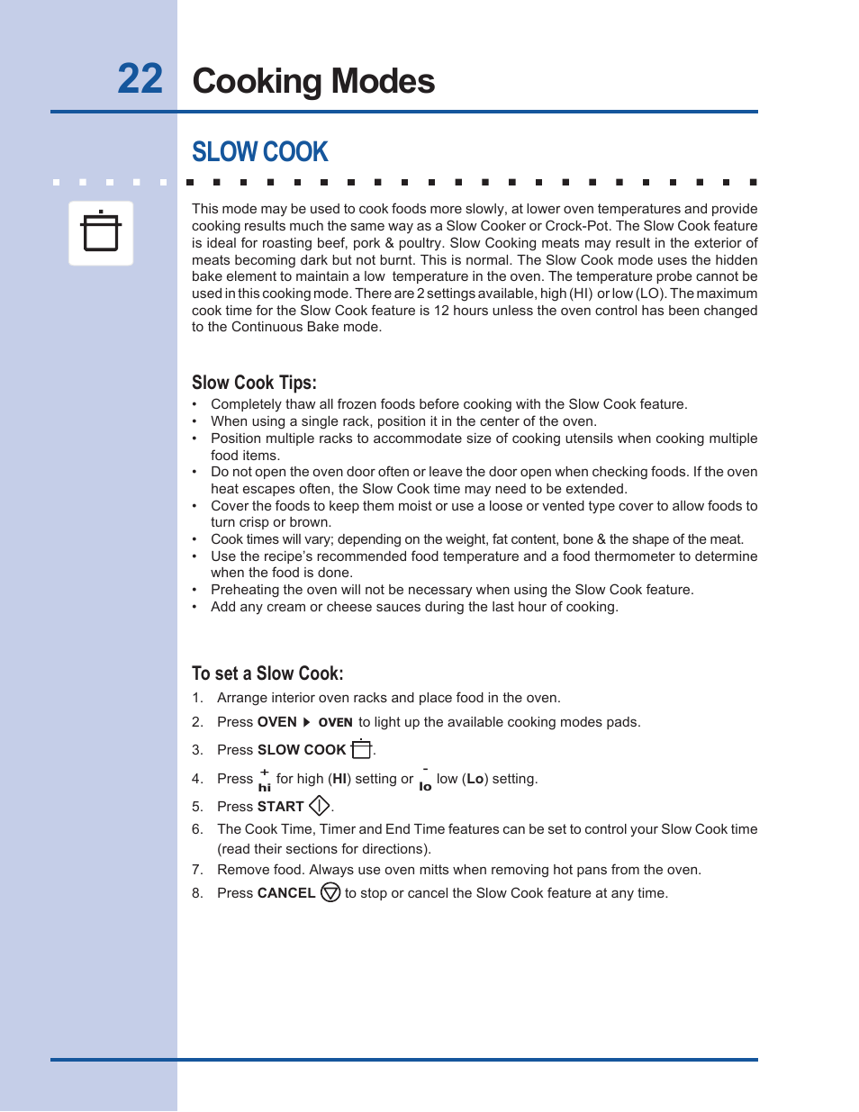 Cooking modes, Slow cook, Slow cook tips | Electrolux EW30EW55GS User Manual | Page 22 / 44