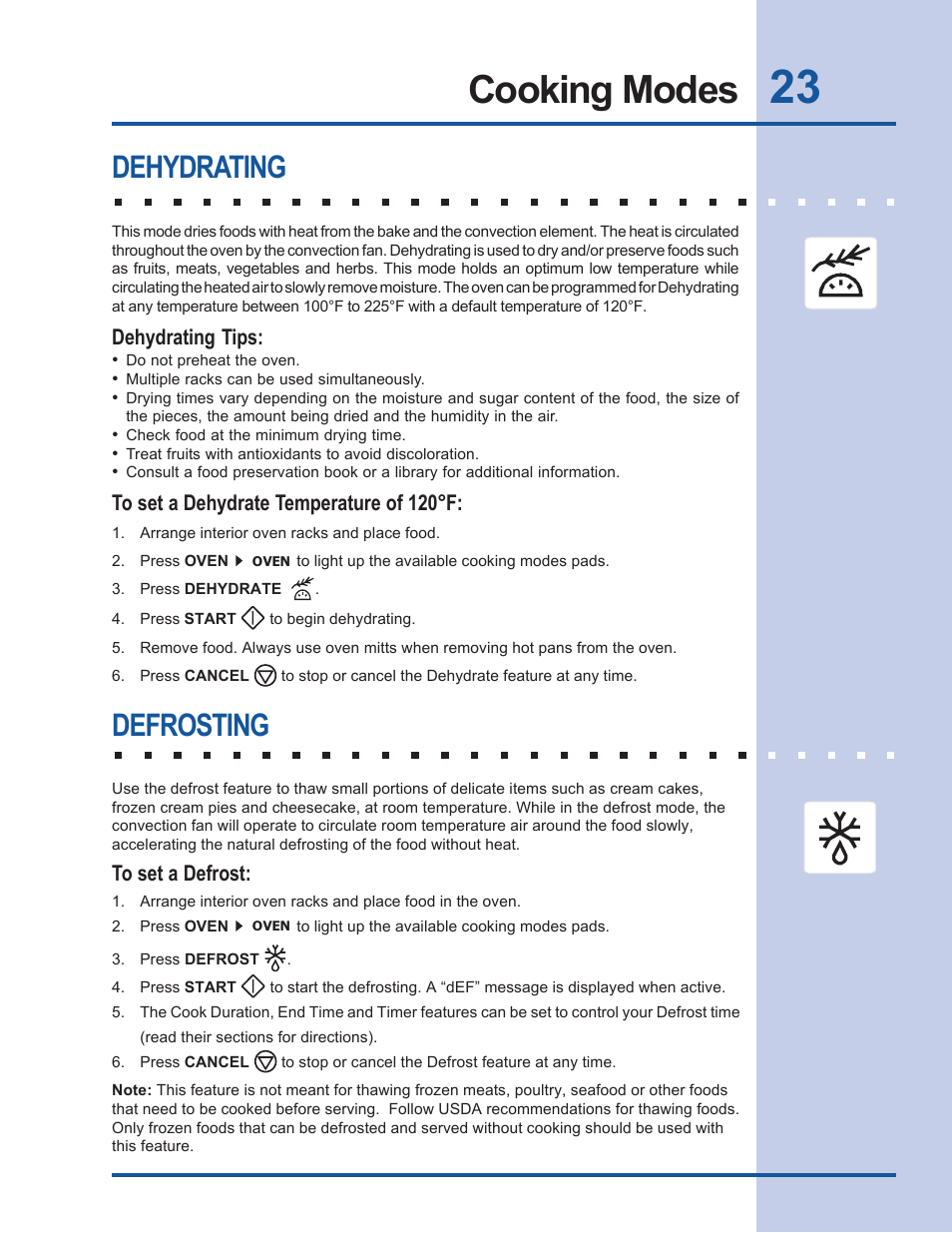 Cooking modes, Dehydrating, Defrosting | Electrolux EW30EW55GS User Manual | Page 23 / 44