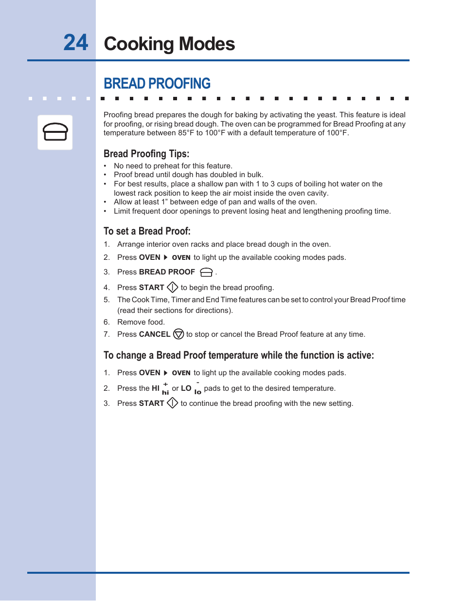 Cooking modes, Bread proofing, Bread proofing tips | Electrolux EW30EW55GS User Manual | Page 24 / 44