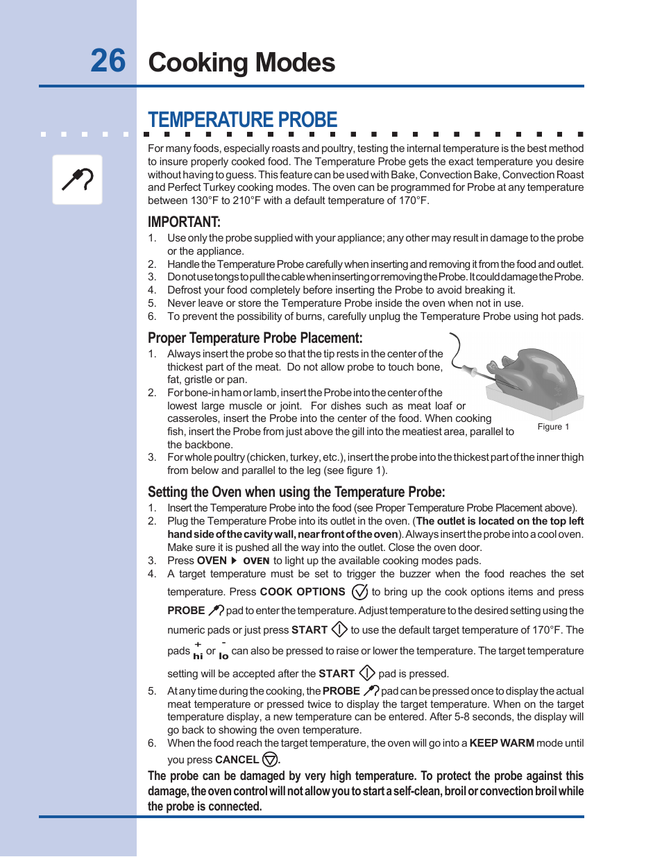 Cooking modes, Temperature probe, Important | Proper temperature probe placement, Setting the oven when using the temperature probe | Electrolux EW30EW55GS User Manual | Page 26 / 44