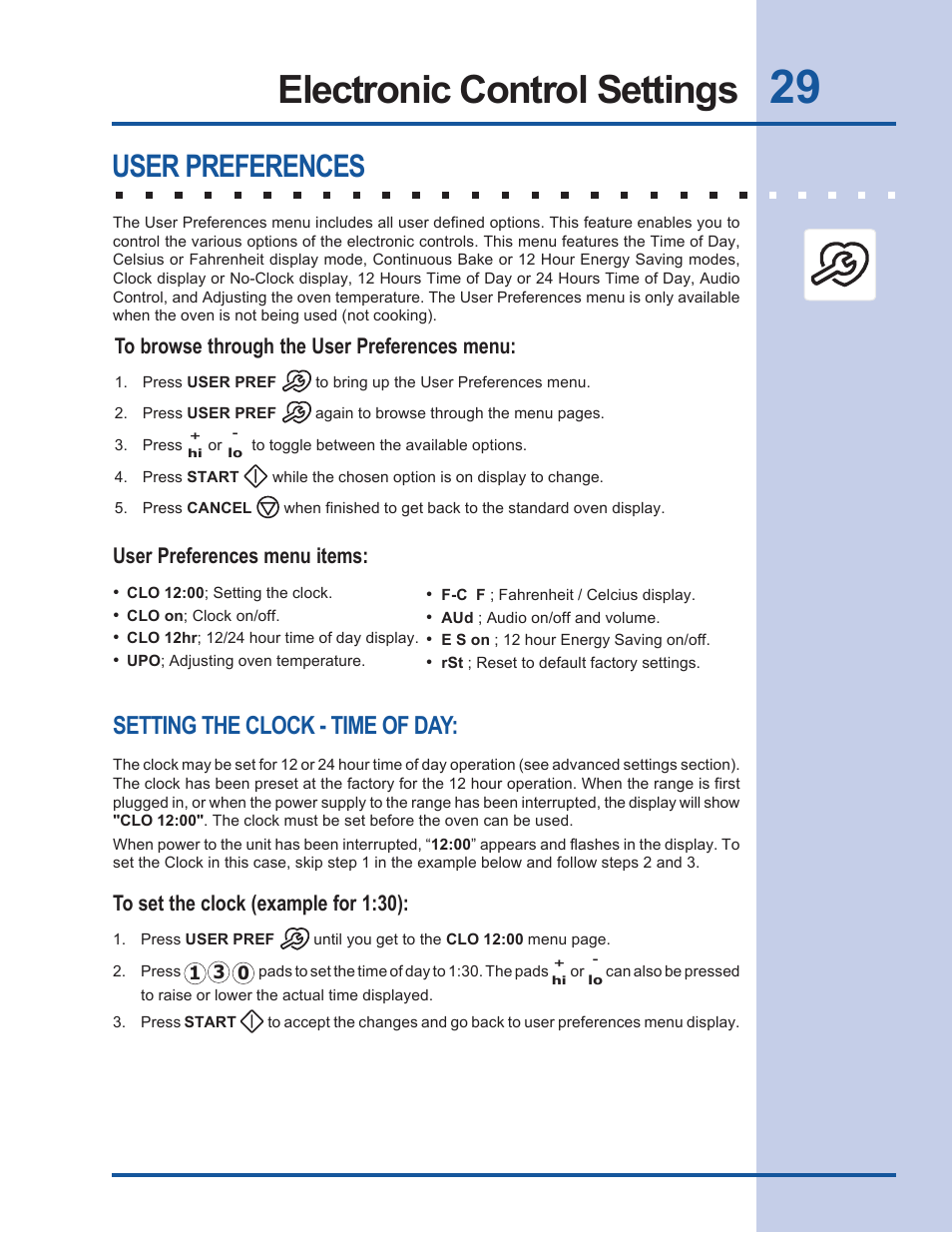 Electronic control settings, User preferences, Setting the clock - time of day | User preferences menu items | Electrolux EW30EW55GS User Manual | Page 29 / 44