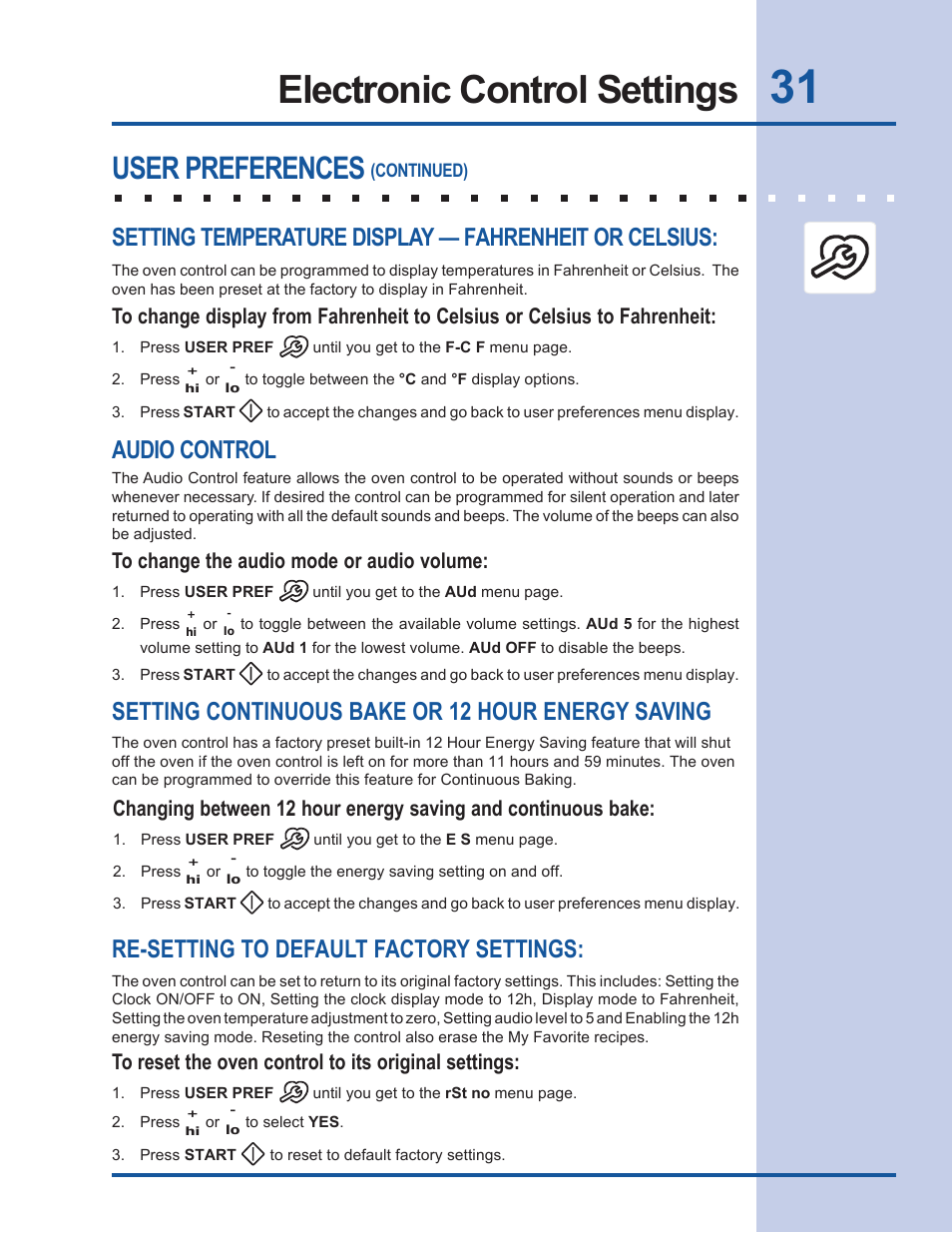 Electronic control settings, User preferences, Setting continuous bake or 12 hour energy saving | Re-setting to default factory settings, Audio control | Electrolux EW30EW55GS User Manual | Page 31 / 44