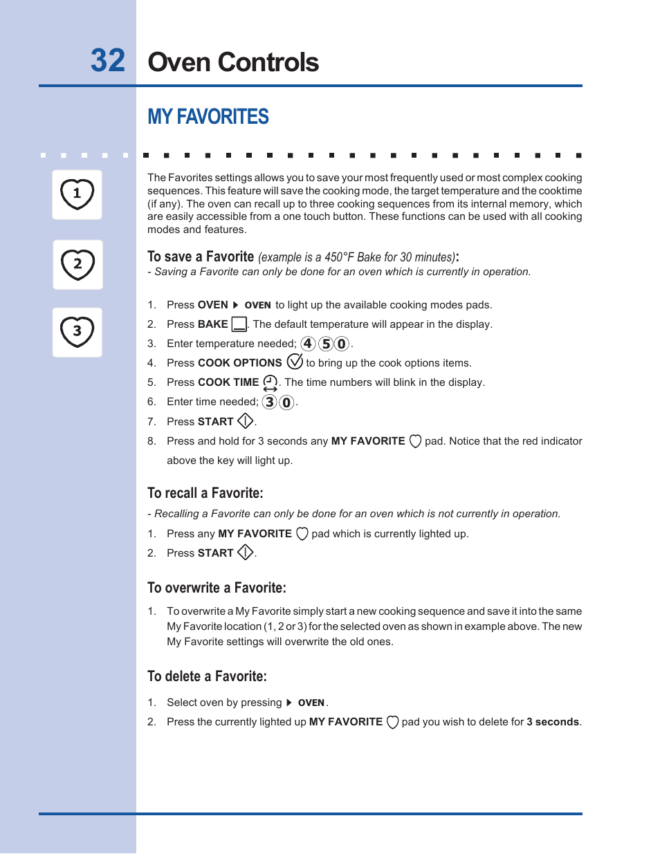 Oven controls, My favorites | Electrolux EW30EW55GS User Manual | Page 32 / 44