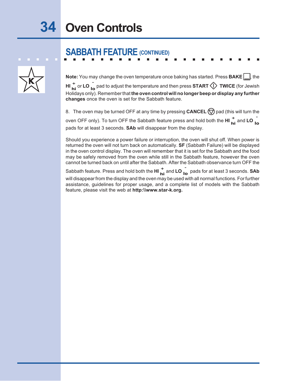 Oven controls, Sabbath feature | Electrolux EW30EW55GS User Manual | Page 34 / 44