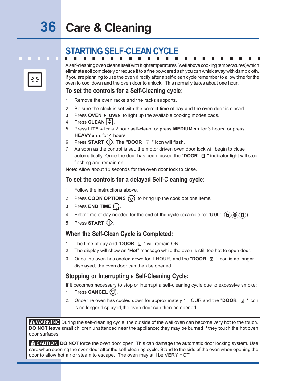 Care & cleaning, Starting self-clean cycle, When the self-clean cycle is completed | Stopping or interrupting a self-cleaning cycle | Electrolux EW30EW55GS User Manual | Page 36 / 44