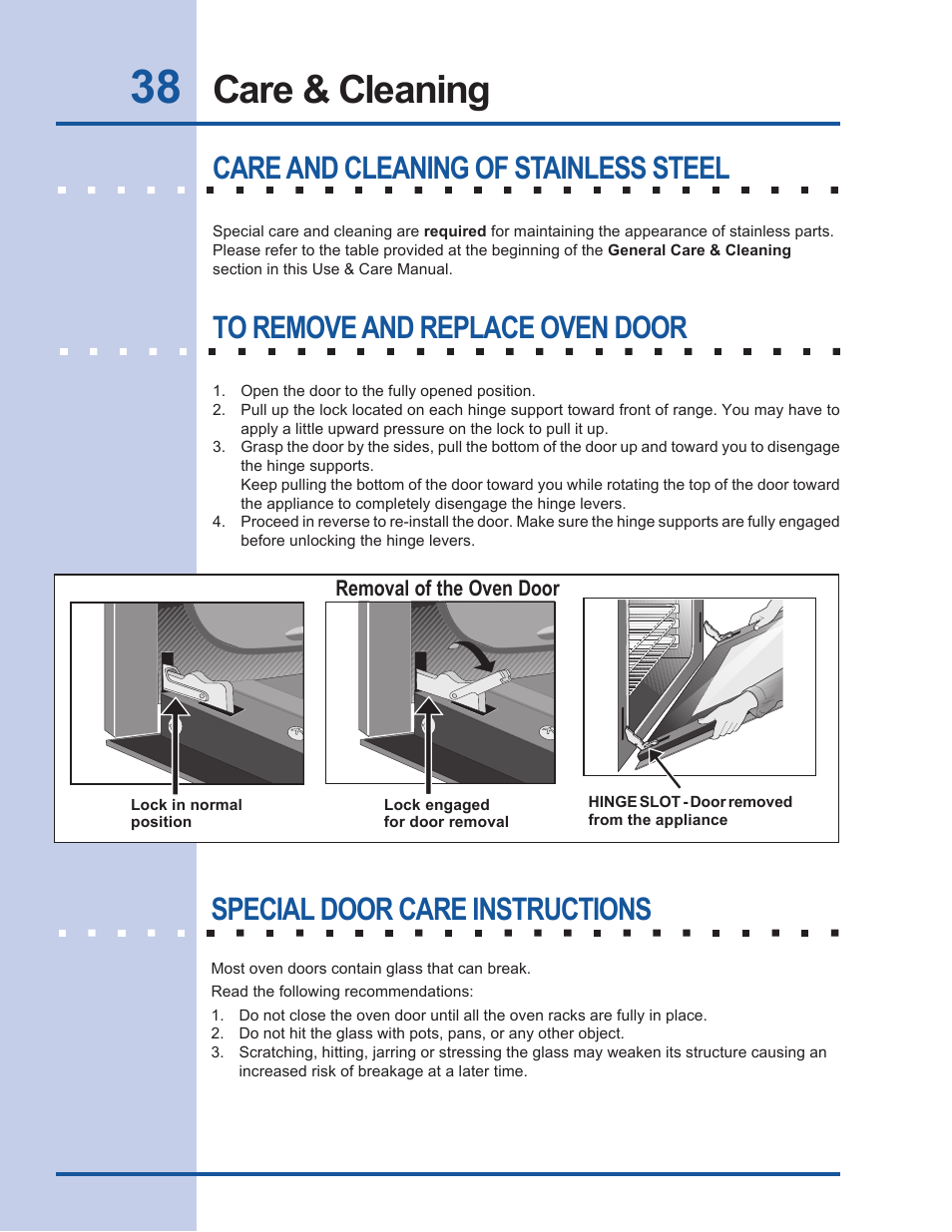 Care & cleaning, Special door care instructions, Care and cleaning of stainless steel | Electrolux EW30EW55GS User Manual | Page 38 / 44