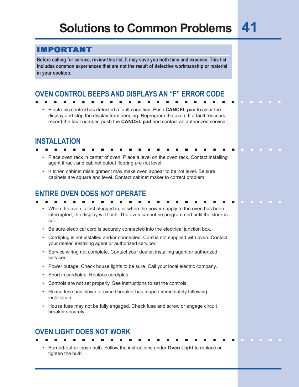 Solutions to common problems, Oven control beeps and displays an “f” error code, Installation | Entire oven does not operate, Oven light does not work, Impor | Electrolux EW30EW55GS User Manual | Page 41 / 44