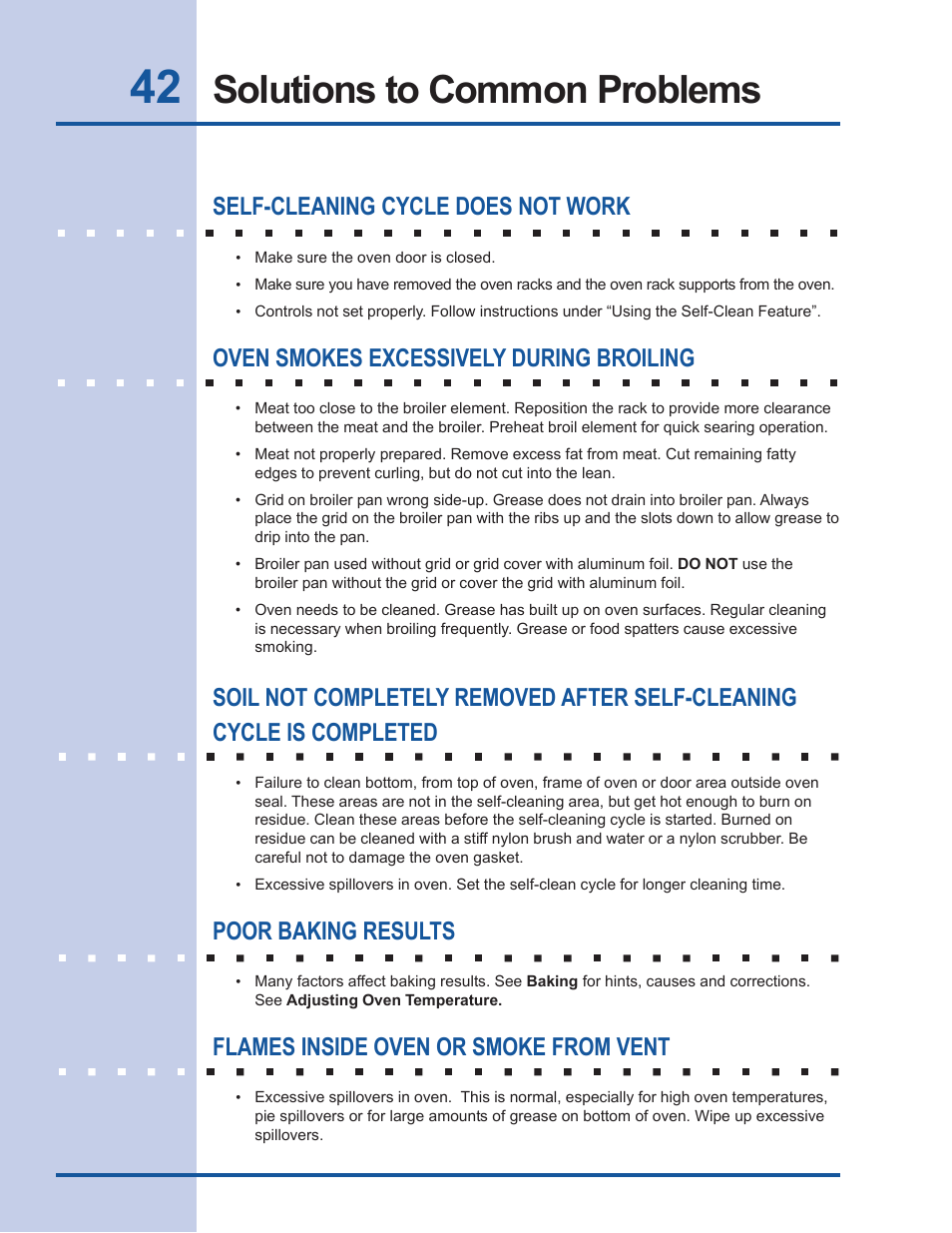 Solutions to common problems, Self-cleaning cycle does not work, Oven smokes excessively during broiling | Poor baking results, Flames inside oven or smoke from vent | Electrolux EW30EW55GS User Manual | Page 42 / 44