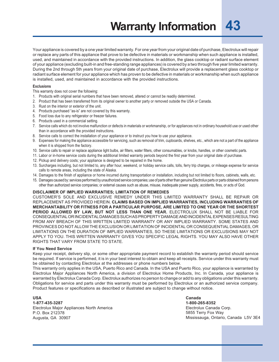 Warranty information | Electrolux EW30EW55GS User Manual | Page 43 / 44