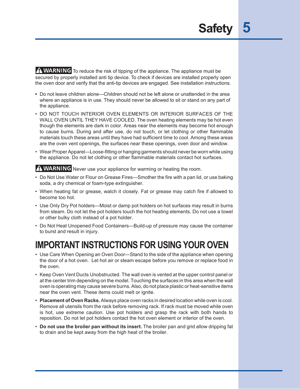 Safety, Important instructions for using your oven | Electrolux EW30EW55GS User Manual | Page 5 / 44