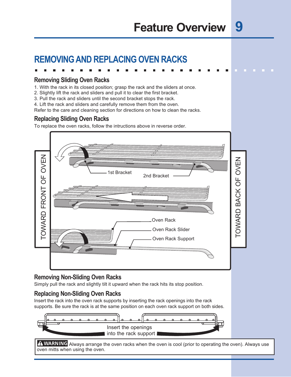 Feature overview, Removing and replacing oven racks | Electrolux EW30EW55GS User Manual | Page 9 / 44