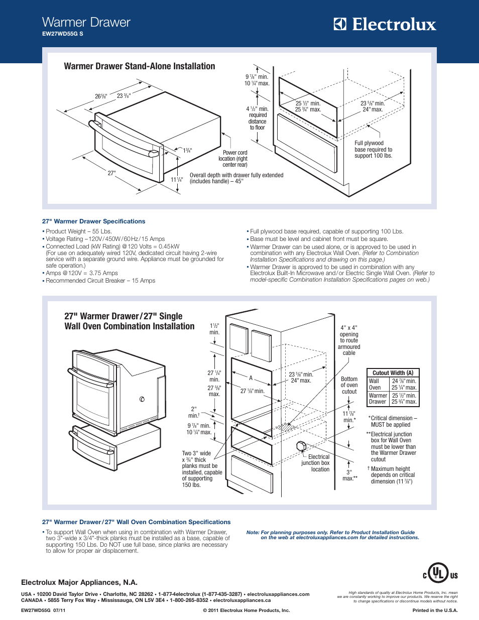 Warmer drawer, Warmer drawer stand-alone installation, Electrolux major appliances, n.a | Electrolux EW27WD55GS User Manual | Page 2 / 6