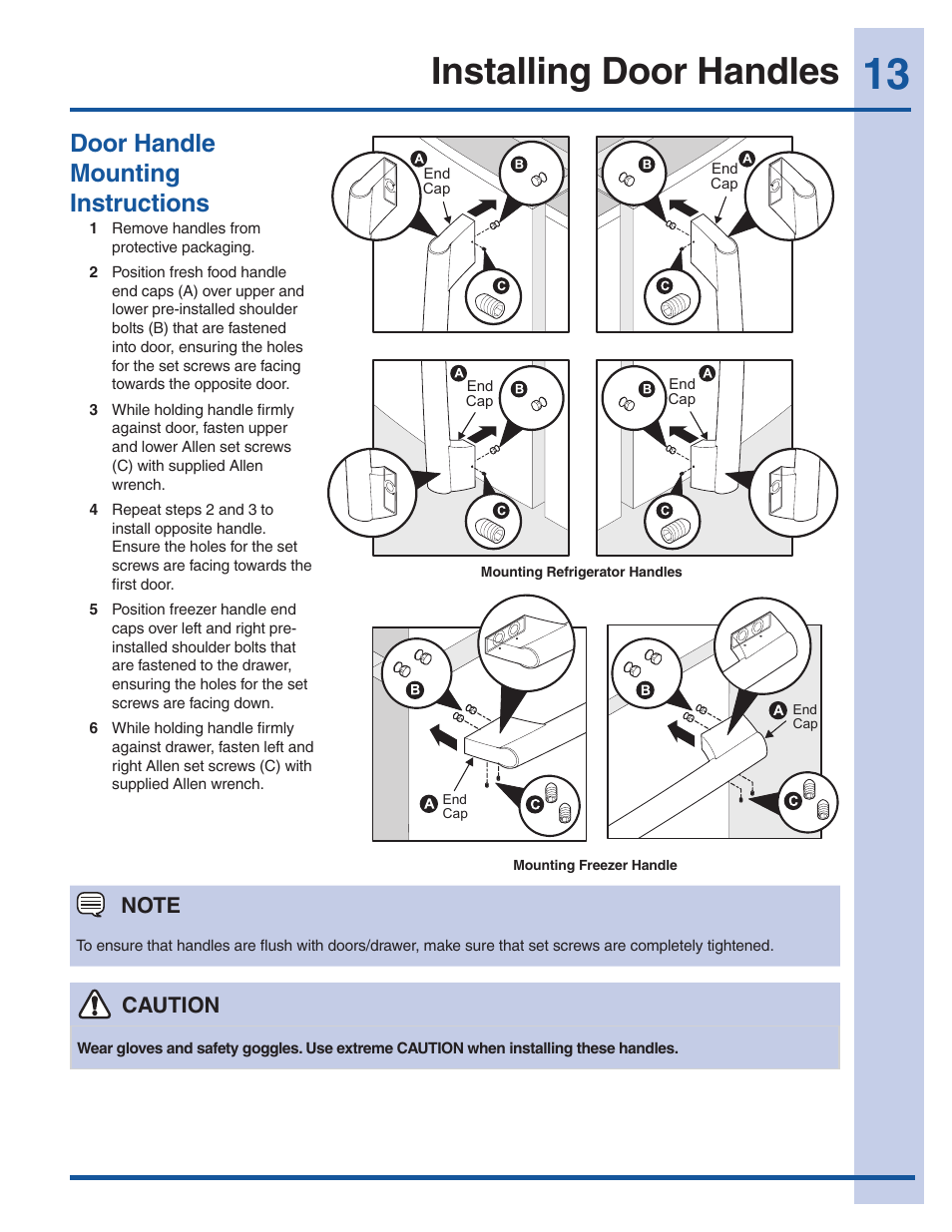 Installing door handles, Door handle mounting instructions, Caution | Electrolux EW28BS85KS User Manual | Page 13 / 39