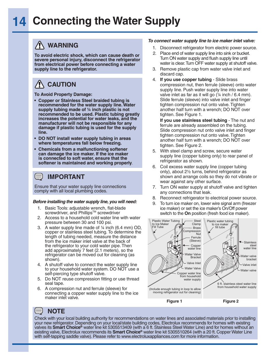 Connecting the water supply, Warning, Caution | Important | Electrolux EW28BS85KS User Manual | Page 14 / 39