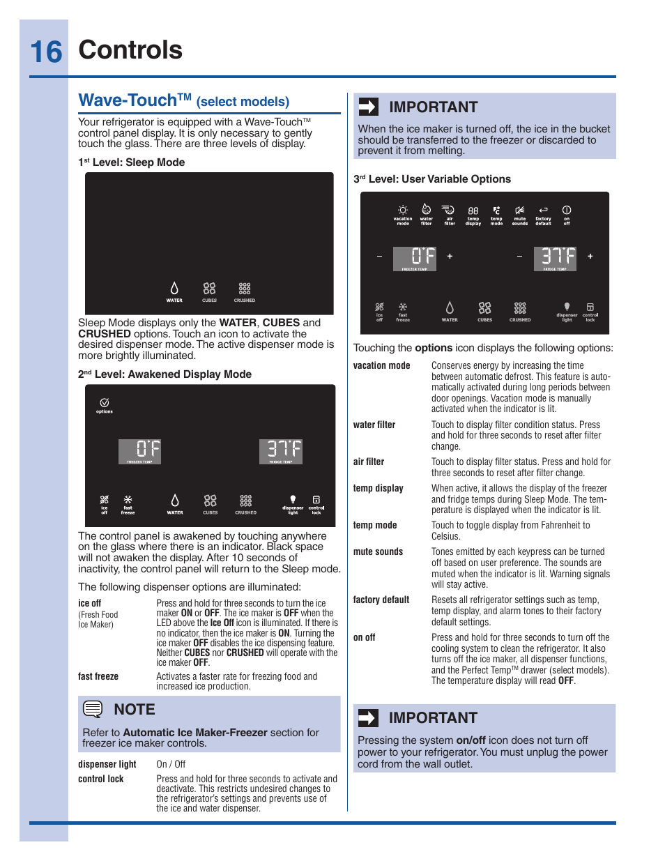Controls, Wave-touch, Important | Electrolux EW28BS85KS User Manual | Page 16 / 39